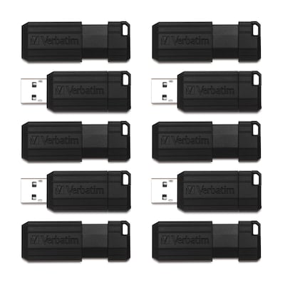 Verbatim PinStripe 32GB USB 2.0 Type A Flash Drive, Black, 10/Pack (70062)