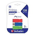 Verbatim PinStripe 128GB USB 3.2 Type-A Flash Drive, Red/Green/Blue, 3/Pack (70390)