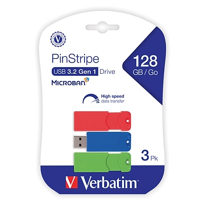 Verbatim PinStripe 128GB USB 3.2 Gen 1 Flash Drives, Assorted Colors, 3/Pack (70390)