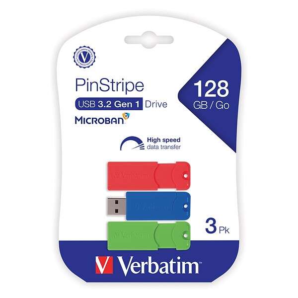Verbatim PinStripe 128GB USB 3.2 Gen 1 Flash Drives, Assorted Colors, 3/Pack (70390)