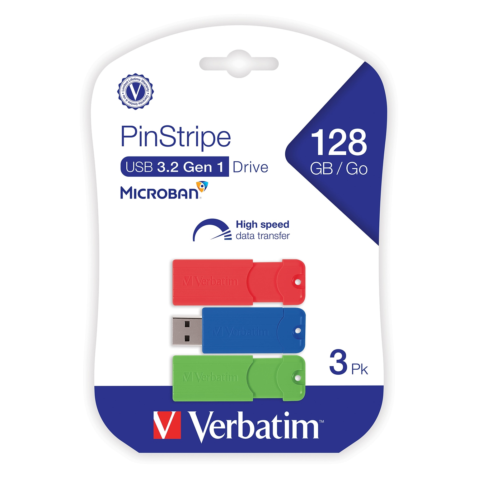 Verbatim PinStripe 128GB USB 3.2 Type-A Flash Drive, Red/Green/Blue, 3/Pack (70390)