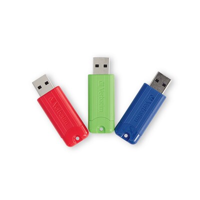 Verbatim PinStripe 128GB USB 3.2 Type-A Flash Drive, Red/Green/Blue, 3/Pack (70390)