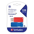 Verbatim PinStripe 128GB USB 2.0 Type-A Flash Drive, Red and Blue, 2/Pack (70391)