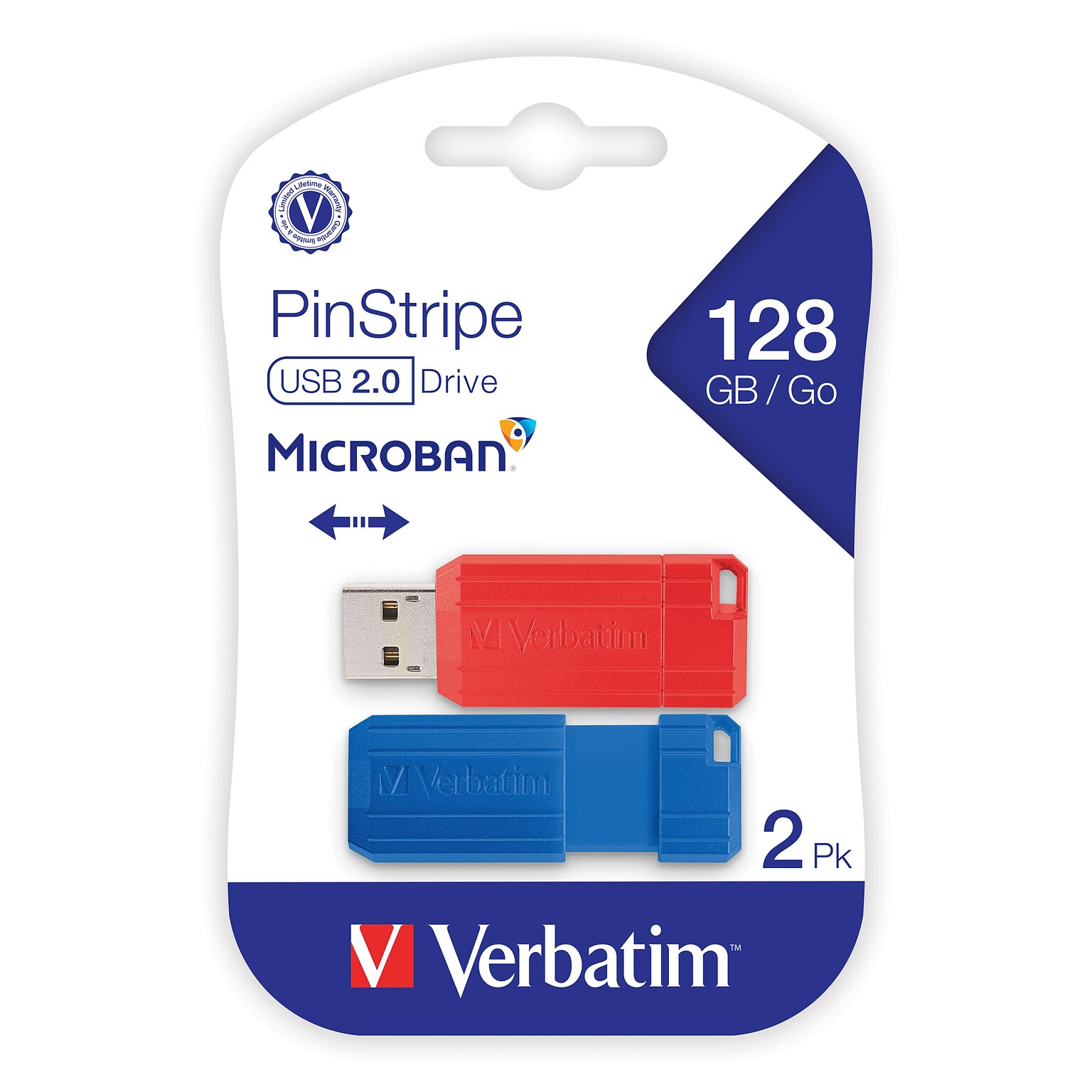 Verbatim PinStripe 128GB USB 2.0 Type-A Flash Drive, Red and Blue, 2/Pack (70391)