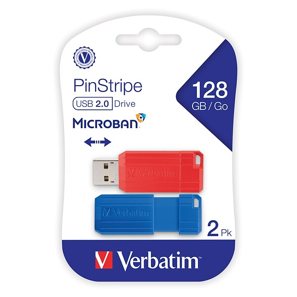 Verbatim PinStripe 128GB USB 2.0 Flash Drives, 2/Pack (70391)