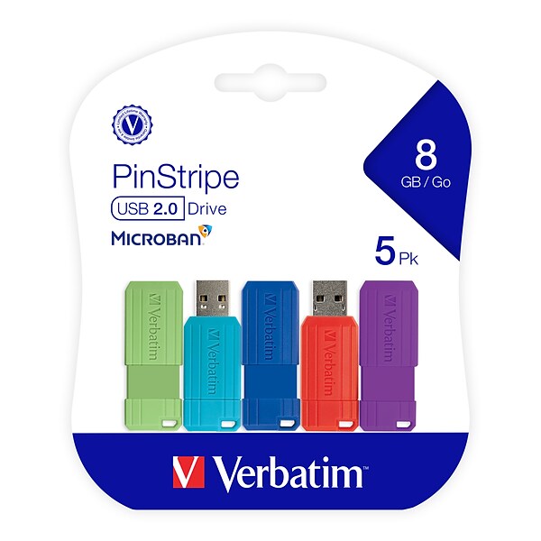 Verbatim PinStripe 8GB USB 2.0 Flash Drive, 5/Pack (99146)