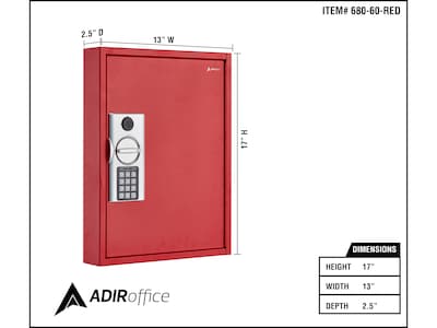 AdirOffice 60-Key Digital Lock Key Cabinet with Key Tags, Red (680-60-RED-689-PKG)