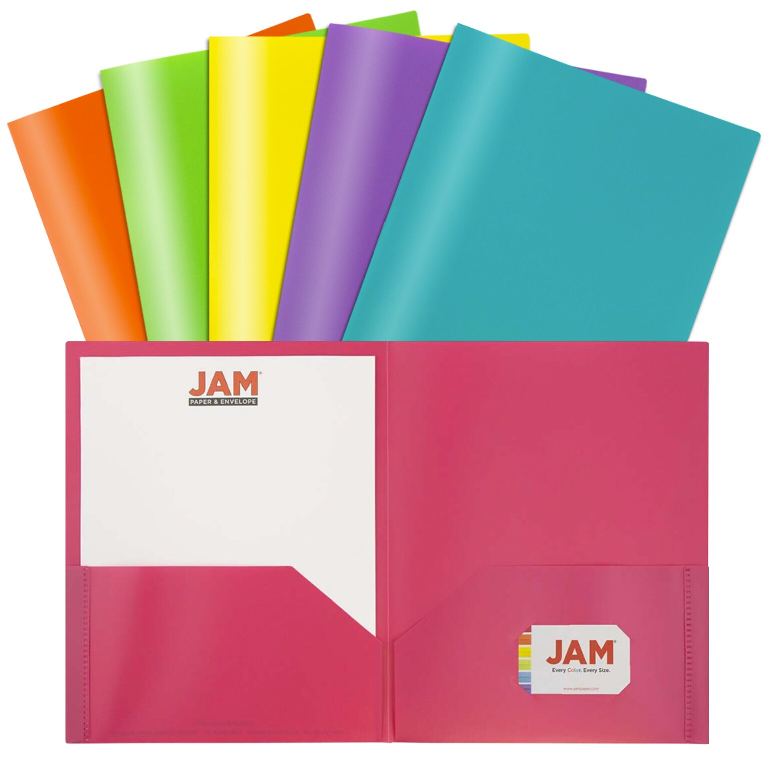 JAM Paper Plastic POP 2-Pocket Presentation Folder, Multicolored, Assorted Colors, 6/Pack (383EFassrt)