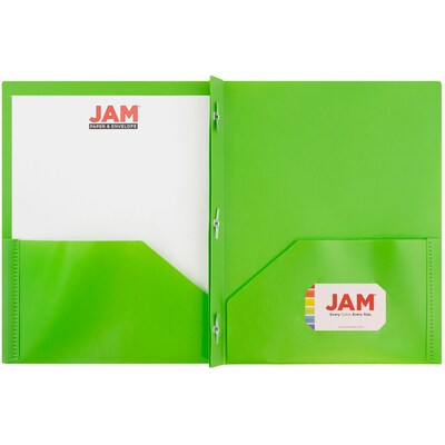 JAM Paper POP 2-Pocket Plastic Folders with Fastener, Lime Green, 6/Pack (382ECligr)