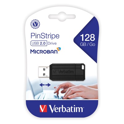 Verbatim PinStripe 128GB USB 2.0 Type-A Flash Drive, Black (49071)