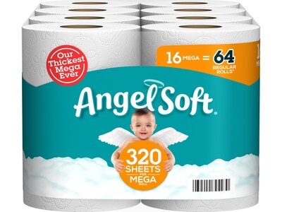 Angel Soft Mega Toilet Paper, 2-Ply, White, 320 Sheets/Roll, 16 Rolls/Pack (79423/01)