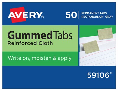 Avery Rectangle Gummed Tabs w/ Reinforced Cloth, 1/2, Gray, 50/Box (59106)