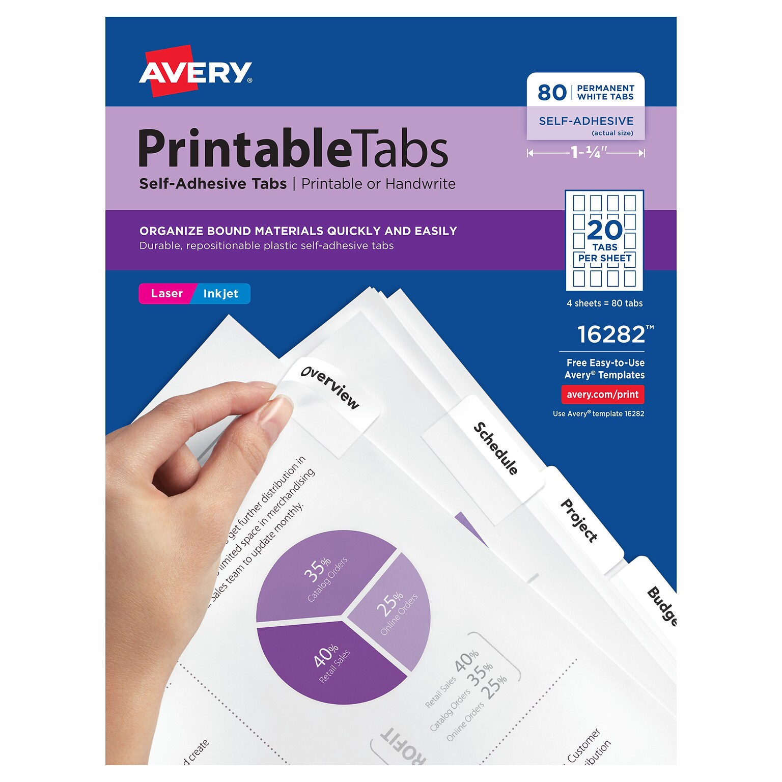 Avery Printerable Tabs Self-Adhesive Index Tab, White, 20 Tabs/ Sheet, 80/Pack (16282)