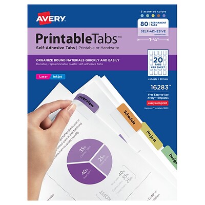 Avery Printable Self-Adhesive Index Tabs, Assorted Colors, 80 Tabs/Pack (16283)