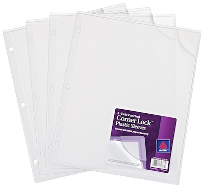 Avery Corner Lock, 3-Hole Punched Plastic Sleeves, Heavyweight, 8-1/2” x 11”, Clear, 4/Pack (72269)