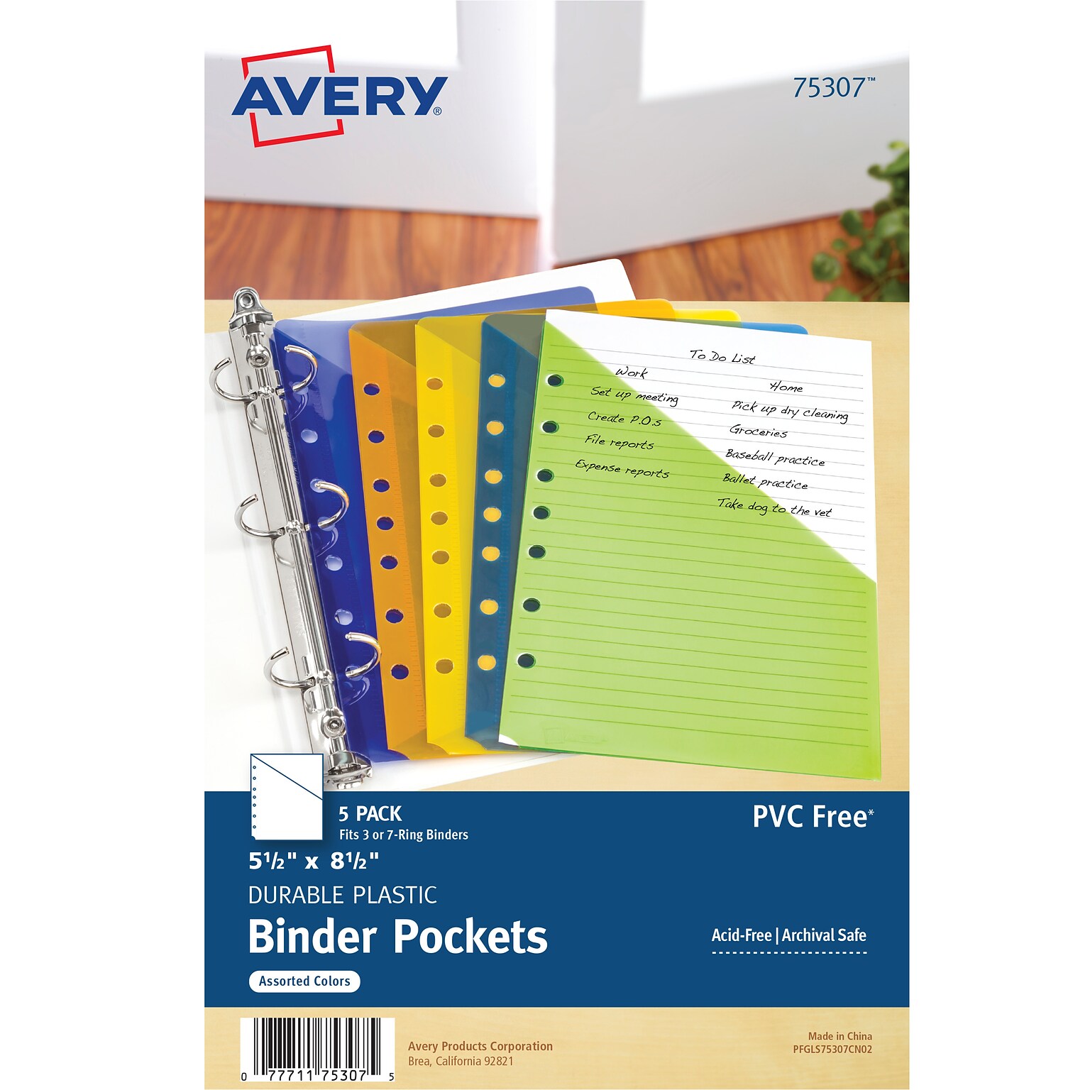 Avery Mini Binder Pockets for 5 1/2 x 8 1/2 Paper, Assorted Colors, 5/Pack (75307)