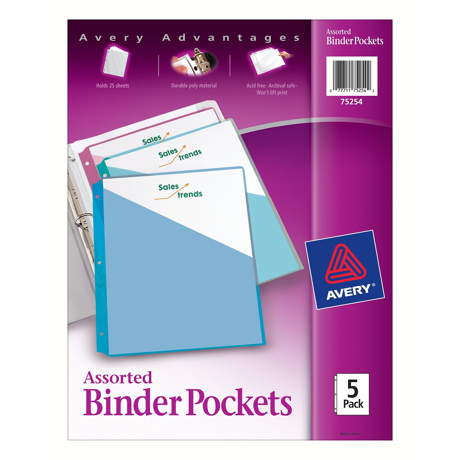 Avery Binder Pockets for 3 Ring Binders, Assorted (Blue, Clear, Green, Pink and Yellow), 5/Pack (75254)
