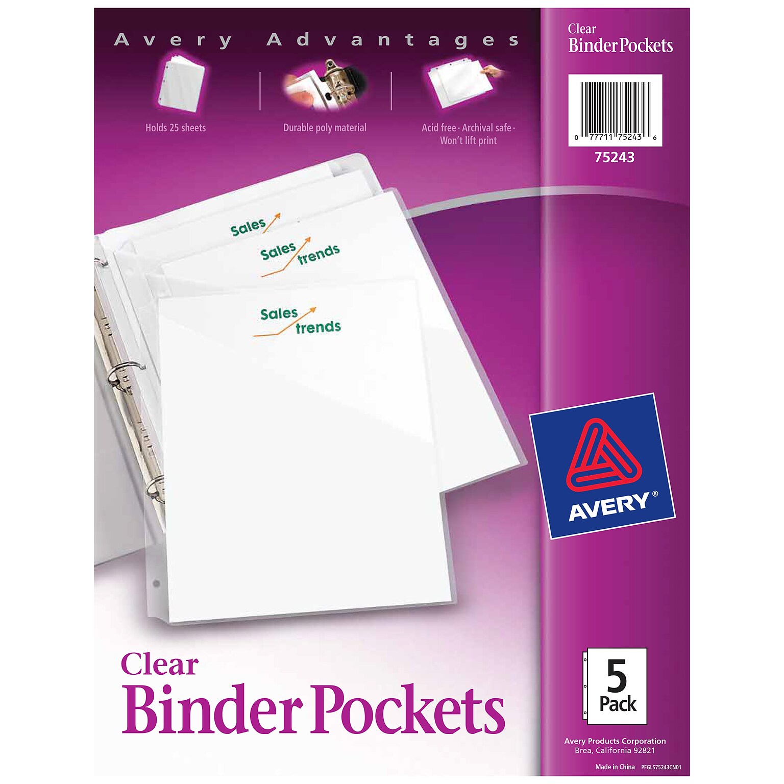 Avery Binder Pockets for 3-Ring Binders, Clear, Fits 8 1/2 x 11 Paper, 5/Pack (75243)