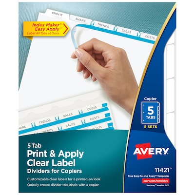 Avery Index Maker Print & Apply Label Paper Dividers for Copiers, 5 Tabs, White, 5 Sets/Pack (11421)