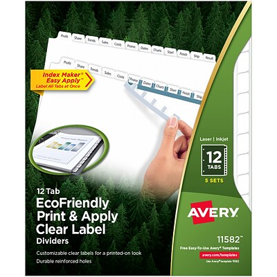 Avery Index Maker Print & Apply Label Paper Dividers, 12 Tab, White, 5/Pack (11582)