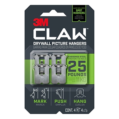 3M CLAW™ Drywall Picture Hanger with Temporary Spot Marker, Holds  25 lbs, 4 Hangers, 4 Markers/Pack (3PH25M4ES)