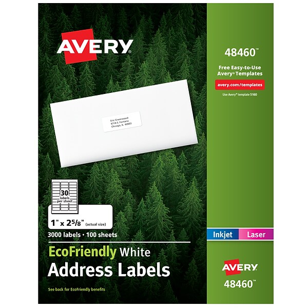Avery EcoFriendly Laser/Inkjet Address Labels, 1 x 2-5/8, White, 30 Labels/Sheet, 100 Sheets/Box, 3000 Labels/Box (48460)