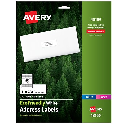 Avery EcoFriendly Laser/Inkjet Address Labels, 1 x 2 5/8, White, 750 Labels Per Pack (48160)