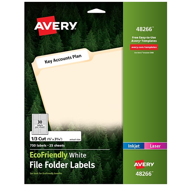 Avery EcoFriendly Laser/Inkjet File Folder Labels, 2/3 x 3 7/16, White, 30 Labels/Sheet, 25 Sheets/Pack (48266)