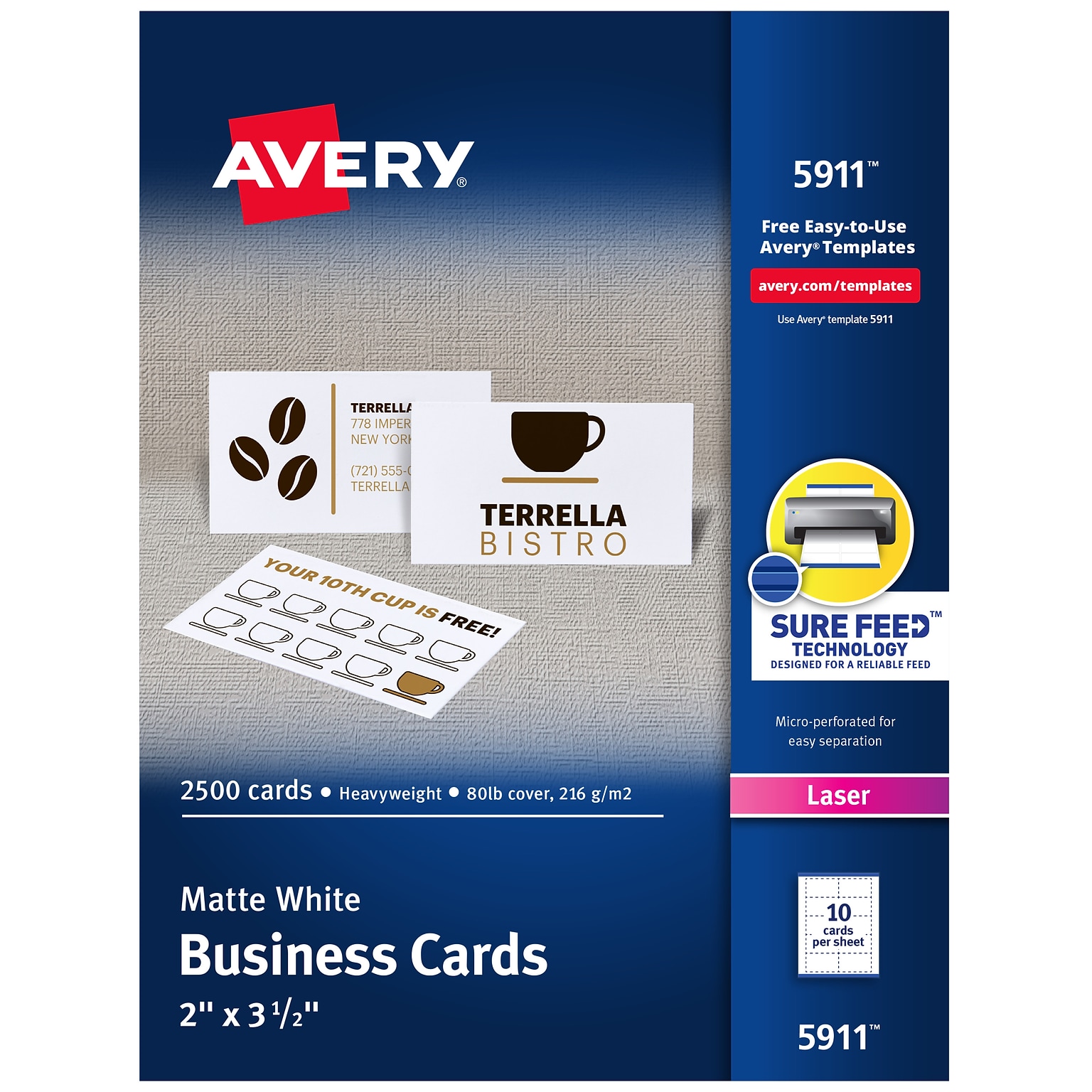 Avery® Laser Business Cards, 2 x 3.5, White, 2500/Box(5911)