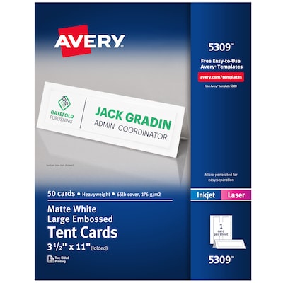 Avery Large Embossed Tent Cards, 3.5 x 11, Matte White, Inkjet/Laser, 50/Pack (05309)