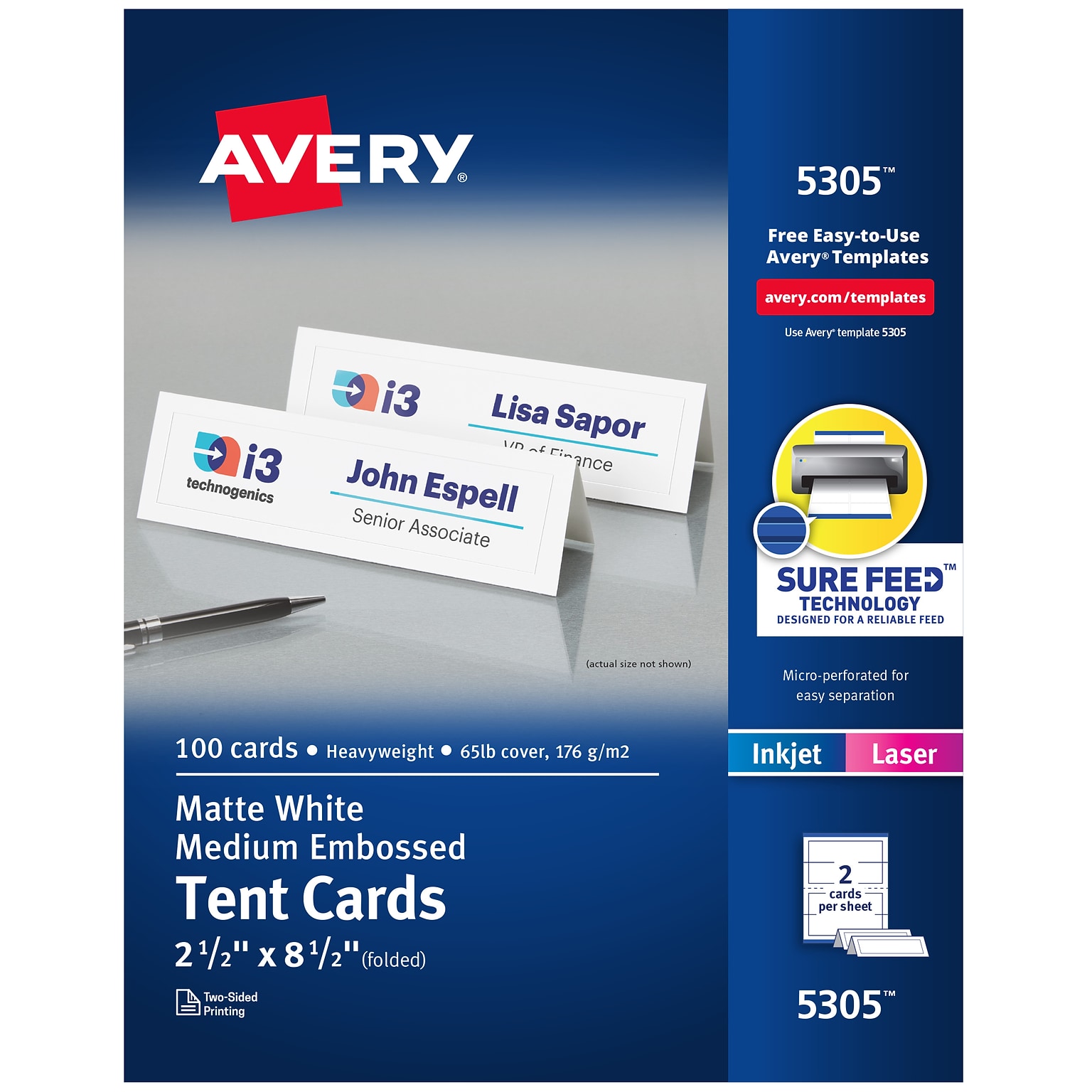 Avery Embossed Tent Cards, 2.5 x 8.5, Matte White, Inkjet/Laser, 100/Pack (05305)