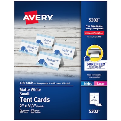 Avery Small Tent Cards, 2 x 3.5, Matte White, Inkjet/Laser, 160/Pack (05302)