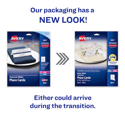 Avery Textured 1.44"H x 3.75"W White Matte Table Tents, Inkjet/Laser, 150/Pack
