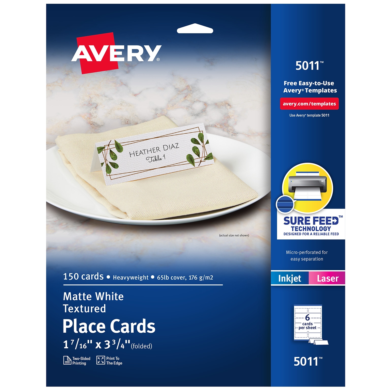 Avery Textured 1.44H x 3.75W White Matte Table Tents, Inkjet/Laser, 150/Pack