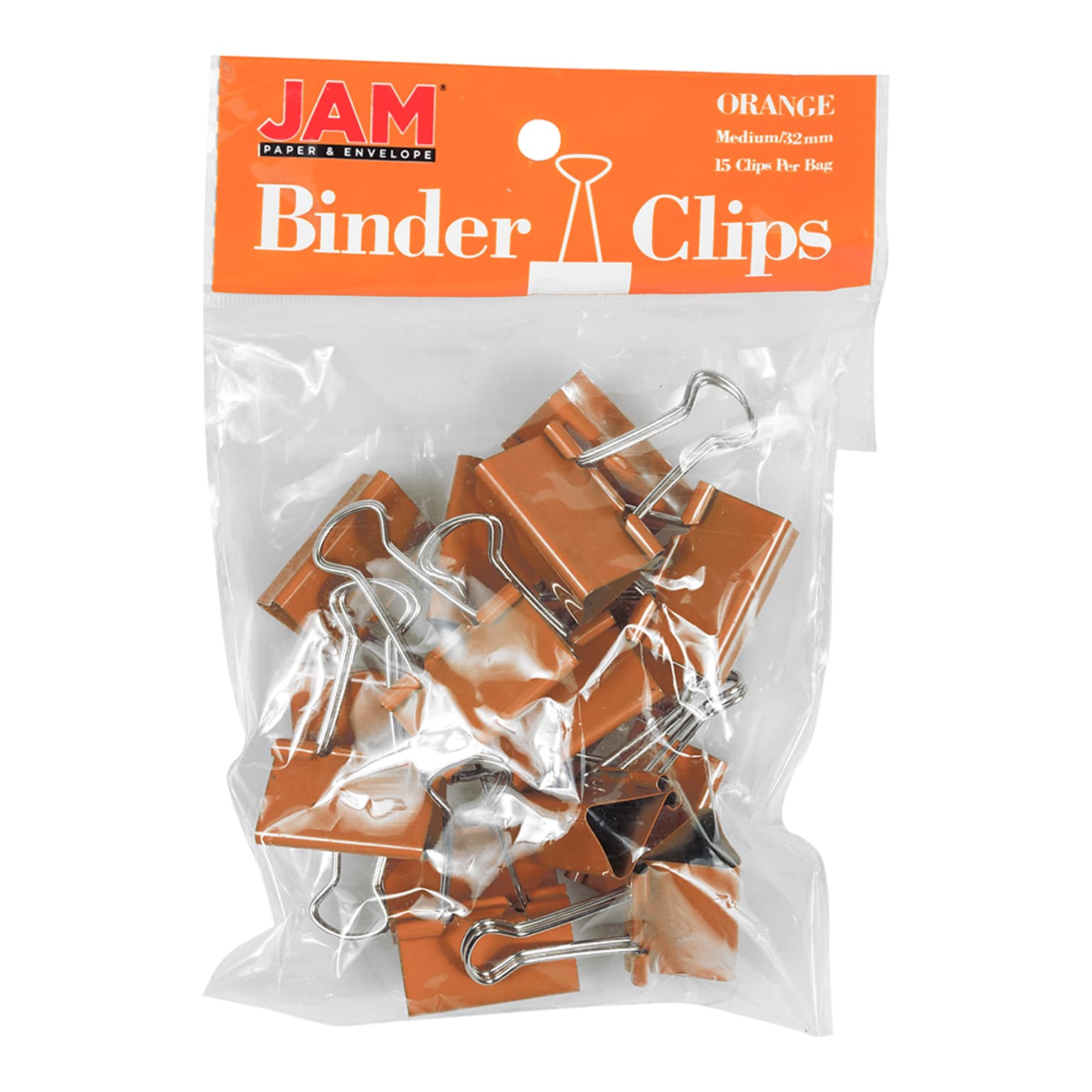 JAM Paper Colorful Binder Clips, Medium, 5/8 Capacity, Orange, 15/Pack (339BCOR)