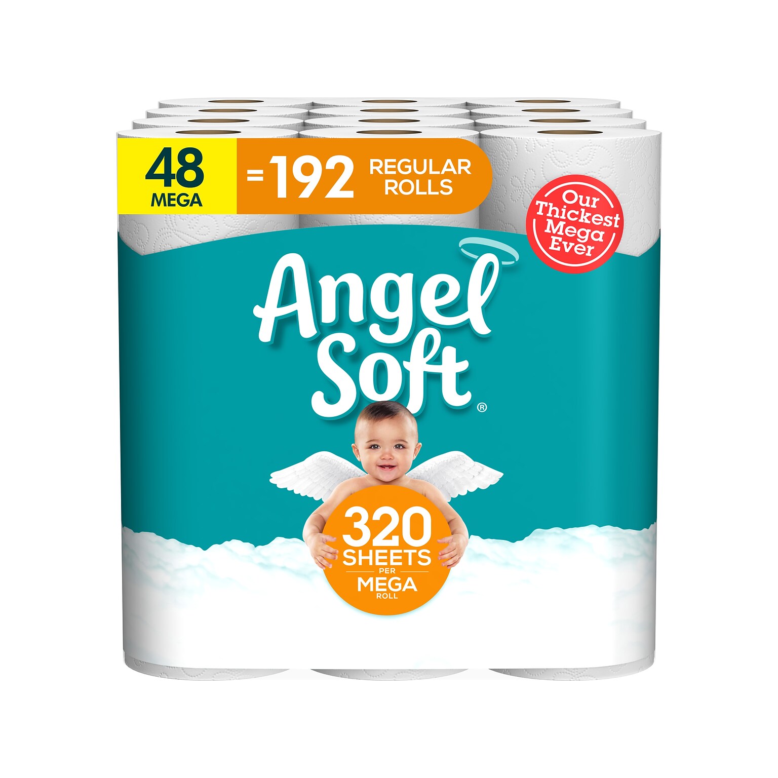 Angel Soft Mega Toilet Paper, 2-Ply, White, 320 Sheets/Roll, 48 Rolls/Pack (79403/50)