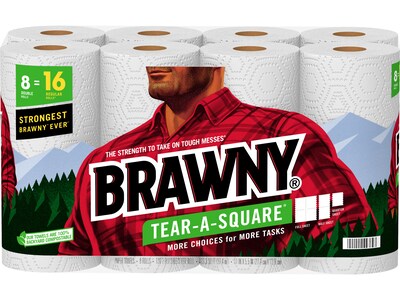 Brawny Tear-A-Square Paper Towels, 2-ply, 120 Sheets/Roll, 16 Rolls/Pack (44372/50)