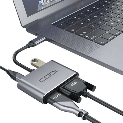 CODi 4-in-1 HDMI 4K/VGA/USB/USB-C PD Charging Port Display/Audio Adapter, F, Gray/Black  (A01063)