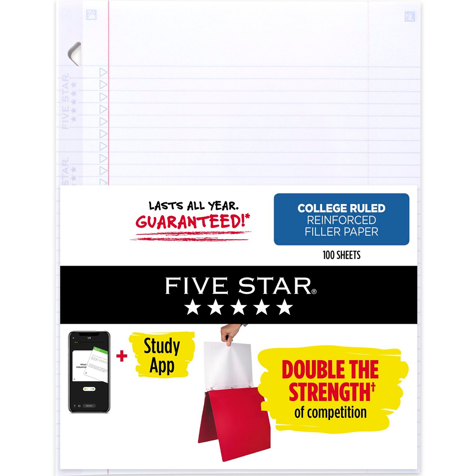 Five Star Reinforced College Ruled Filler Paper, 8.5 x 11, 100 Sheets/Pack (17102/17010)