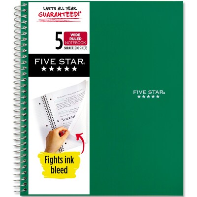 Five Star 5-Subject Subject Notebooks, 8" x 10.5", Wide Ruled, 200 Sheets, Each (51016)