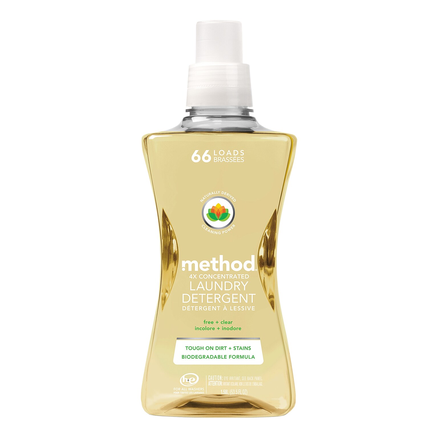 Method 4X Concentrated Laundry Detergent, Free and Clear, 53.5 oz Bottle, 4/Carton