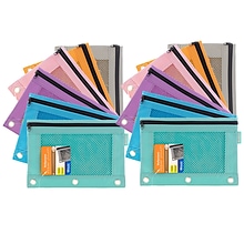 BAZIC Products Zip Polyester 3-Ring Pencil Pouch with Mesh Window, Assorted Retro Pastel Colors, Pac