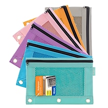 BAZIC Products Zip Polyester 3-Ring Pencil Pouch with Mesh Window, Assorted Retro Pastel Colors, Pac