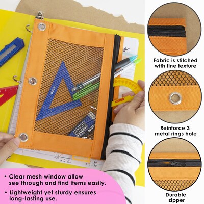 BAZIC Products Zip Polyester 3-Ring Pencil Pouch with Mesh Window, Assorted Retro Pastel Colors, Pack of 12 (BAZ810-12)