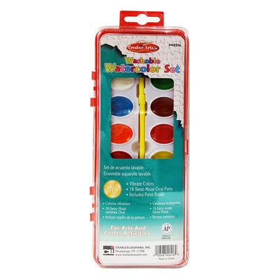 Charles Leonard Washable Water Color Set, Oval Pan w/Brush, 16 Assorted Colors, 12 Sets (CHL40516-12)