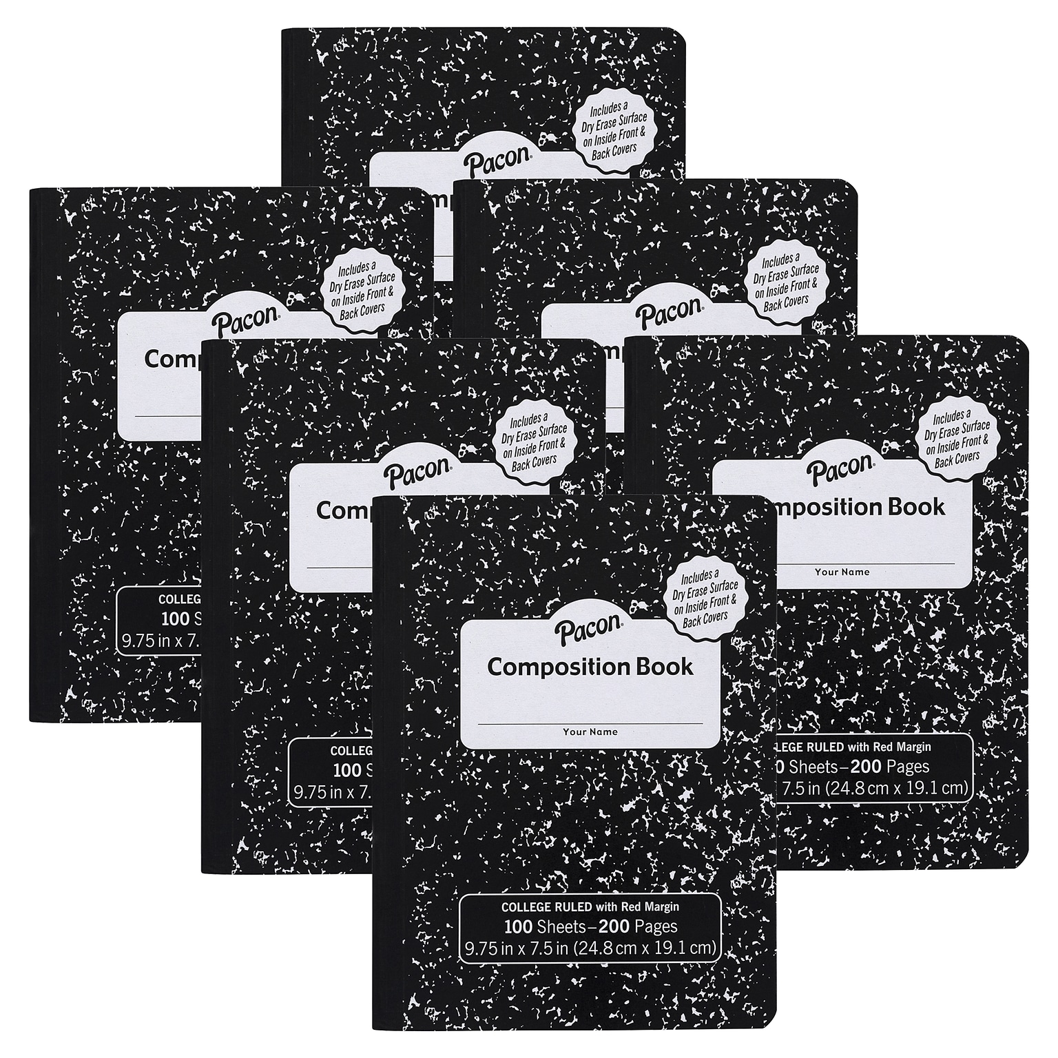 Pacon® Composition Book with Dry Erase Surfaces, 3/8 Ruled, 100 Sheets, Black Marble, Pack of 6 (PACMMK37101DE-6)