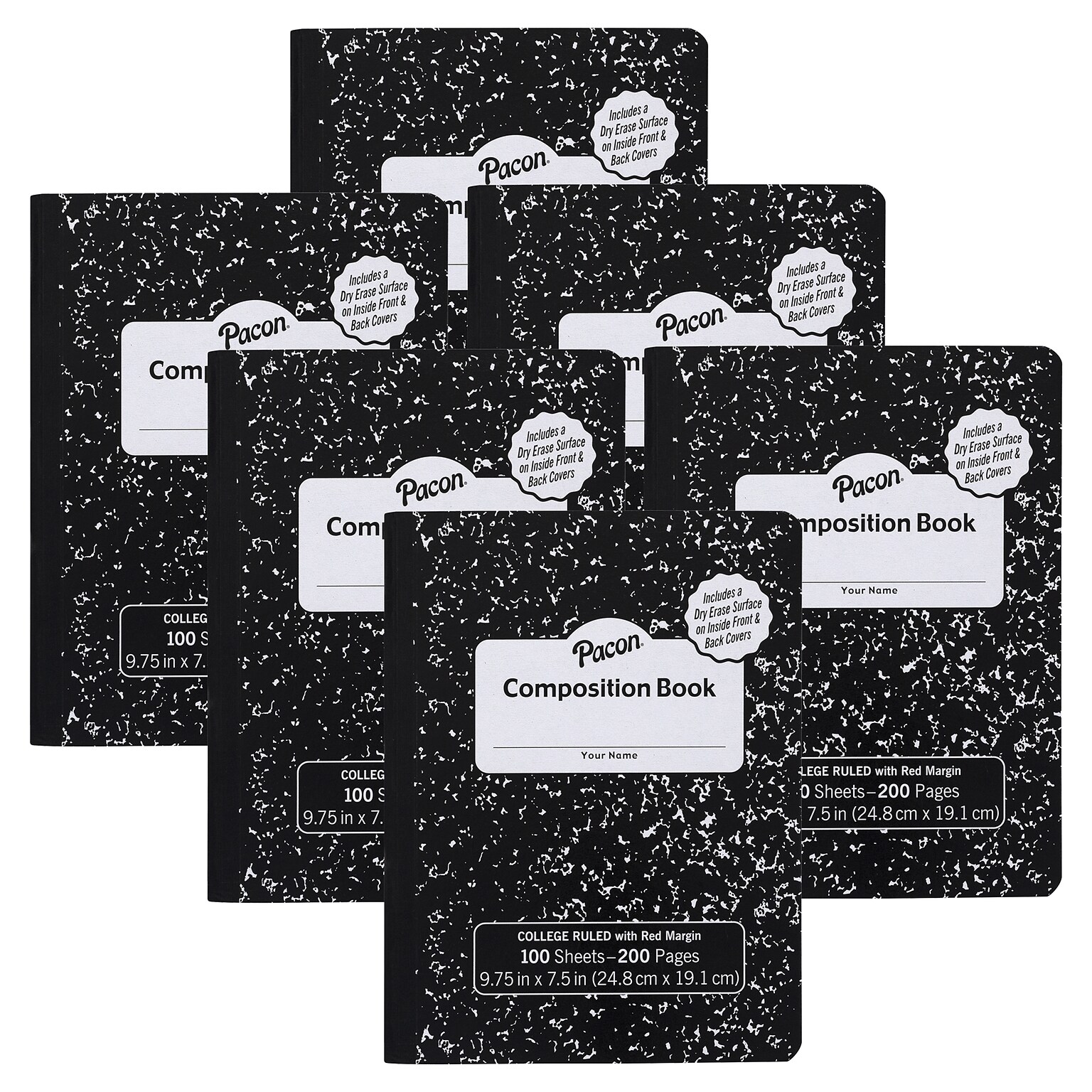 Pacon Composition Notebooks, 9.75 x 7.5, Wide Ruled, 100 Sheets, Black, 6/Bundle (PACMMK37101DE-6)