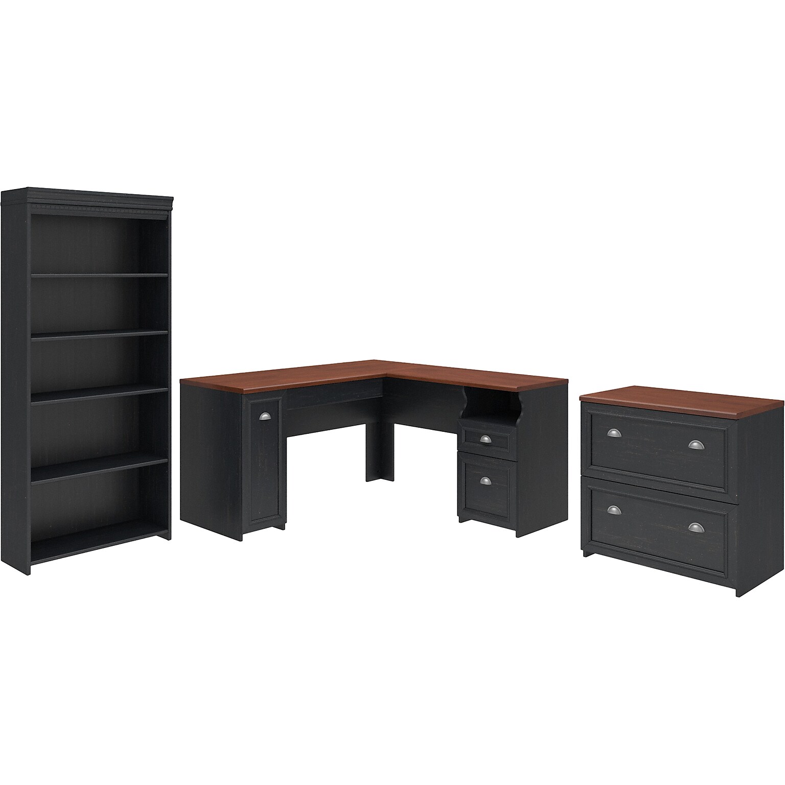 Bush Furniture Fairview 60W L Shaped Desk with Lateral File Cabinet and 5 Shelf Bookcase, Antique Black (FV008AB)