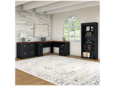 Bush Furniture Fairview 60W L Shaped Desk with Lateral File Cabinet and 5 Shelf Bookcase, Antique B