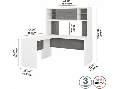 Bush Business Furniture Echo 60"W L Shaped Desk with Hutch, Pure White/Modern Gray (ECH031WHMG)